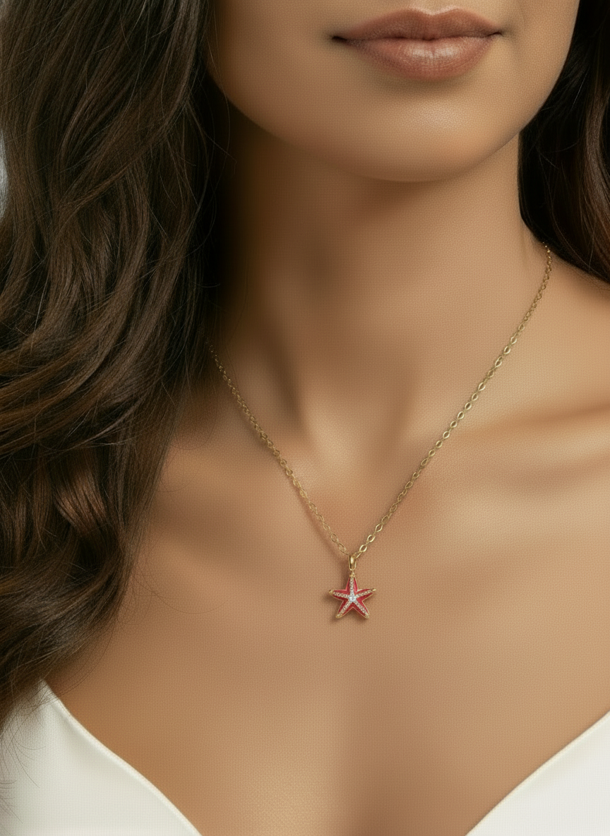 Starfish necklace on a model with a neutral background