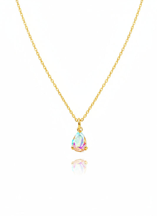 An 18K gold-filled necklace with a multicolored teardrop-shaped pendant on a white background.