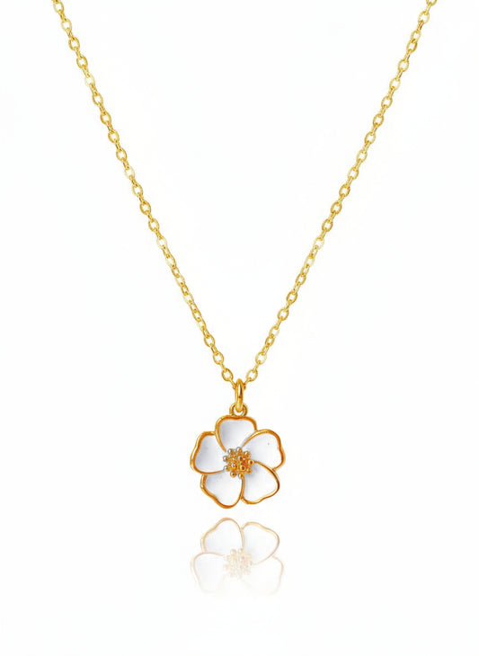 A gold-filled white hibiscus flower necklace with a gold-filled over brass lobster claw clasp.