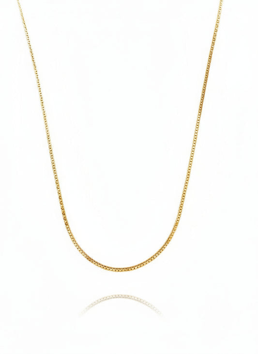 A gold-filled snake chain necklace with a 2-inch extender pendant, displayed against a white background.