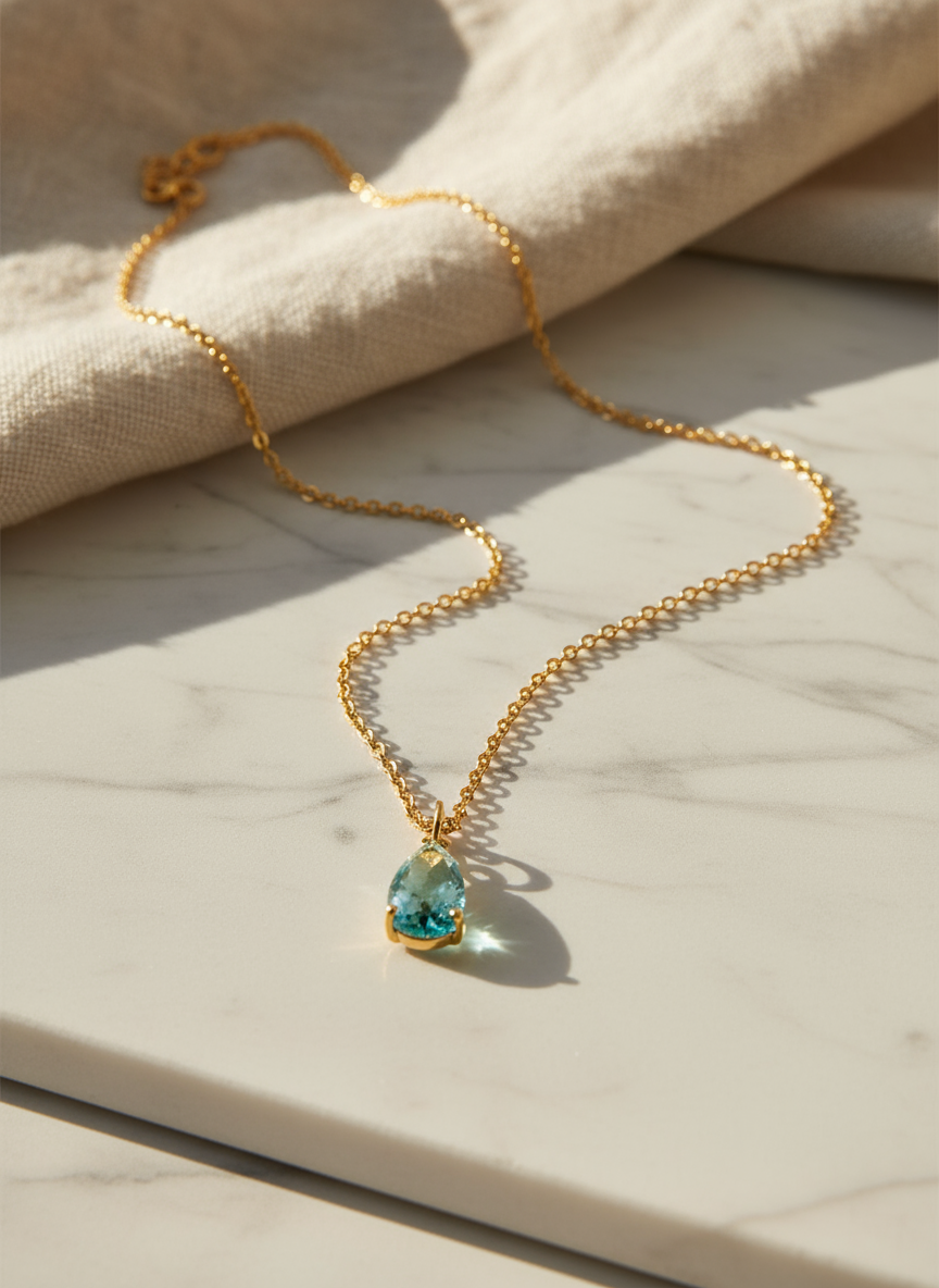 Blue Crystal Sea Drop 14K Gold Filled Necklace