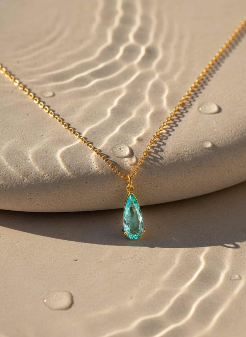 Blue Crystal Sea Drop 14K Gold Filled Necklace