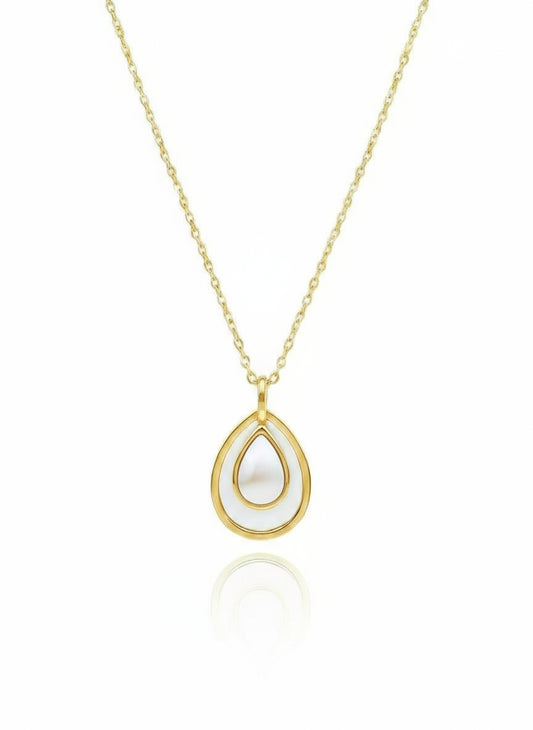 A 14k gold-filled pearl drop necklace with a gold chain and a white pearl pendant.
