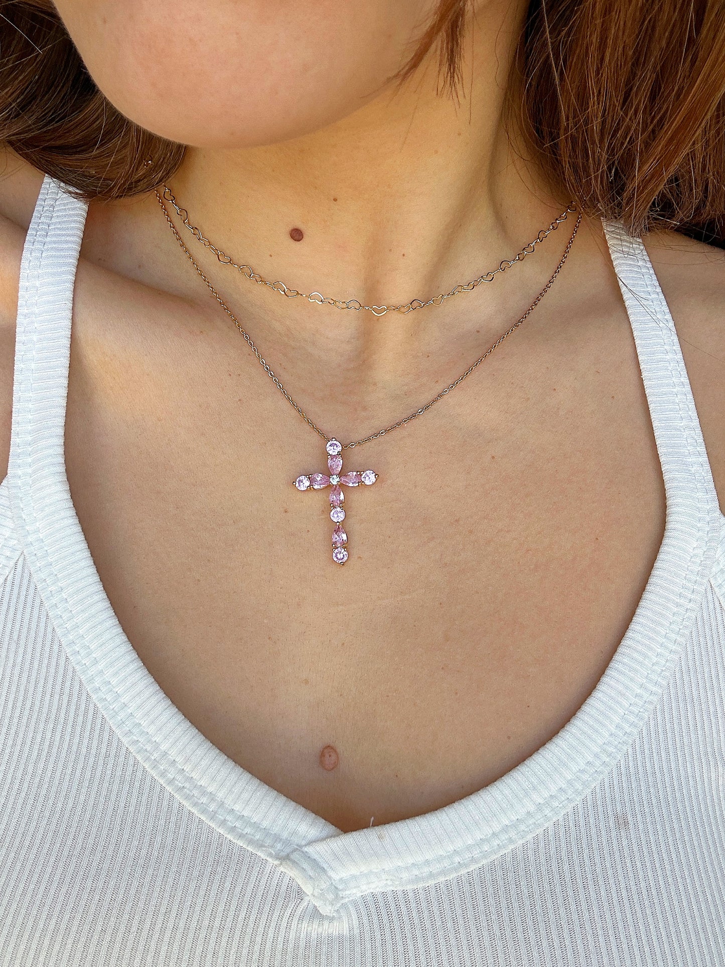 Pink 16K Gold Filled Crystal Cross Necklace