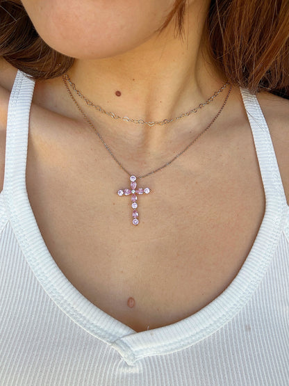 Pink 16K Gold Filled Crystal Cross Necklace