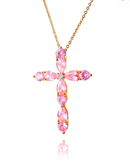 Pink 16K Gold Filled Crystal Cross Necklace