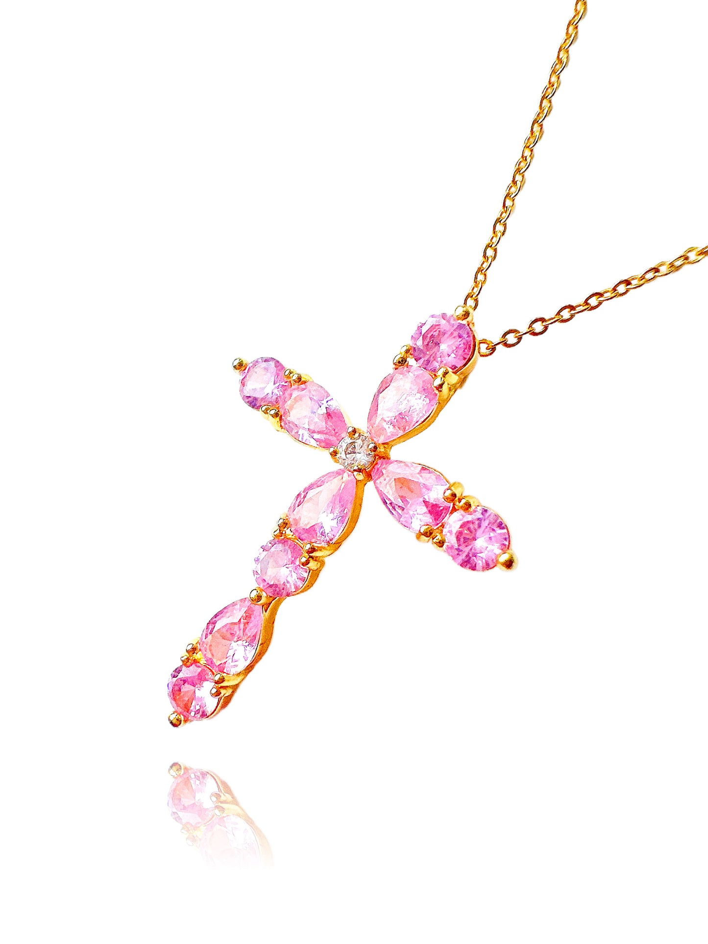 Pink 16K Gold Filled Crystal Cross Necklace