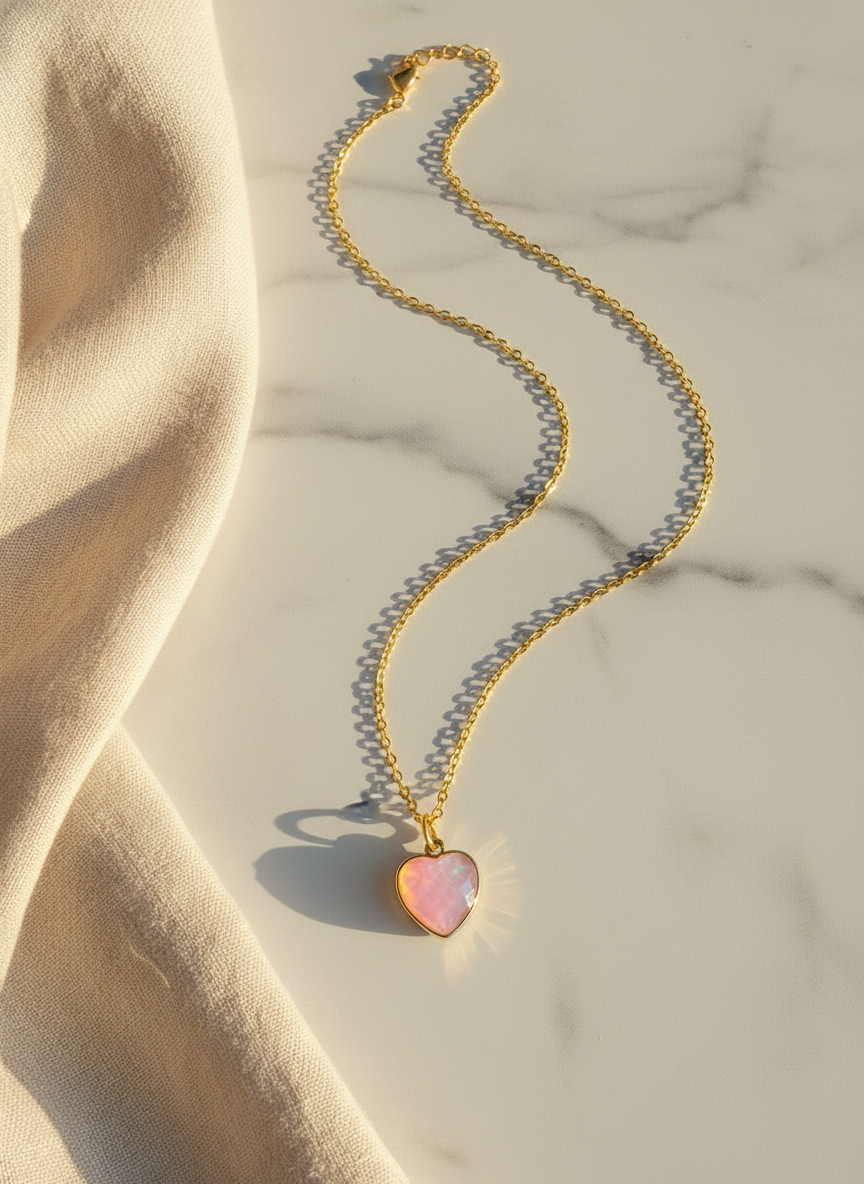 Gold necklace with a heart-shaped pink pendant on a beige fabric background