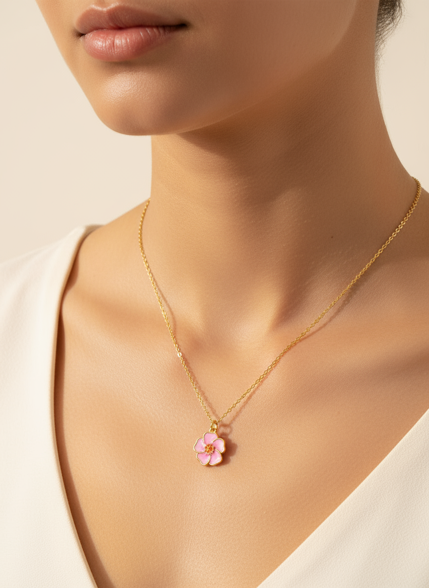 Bubblegum Pink Hibiscus Gold-Filled Necklace