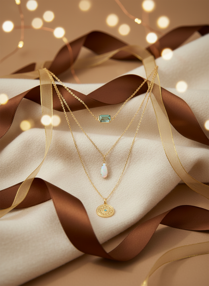 Three gold necklaces with gemstone pendants on a textured surface with ribbons and lights.