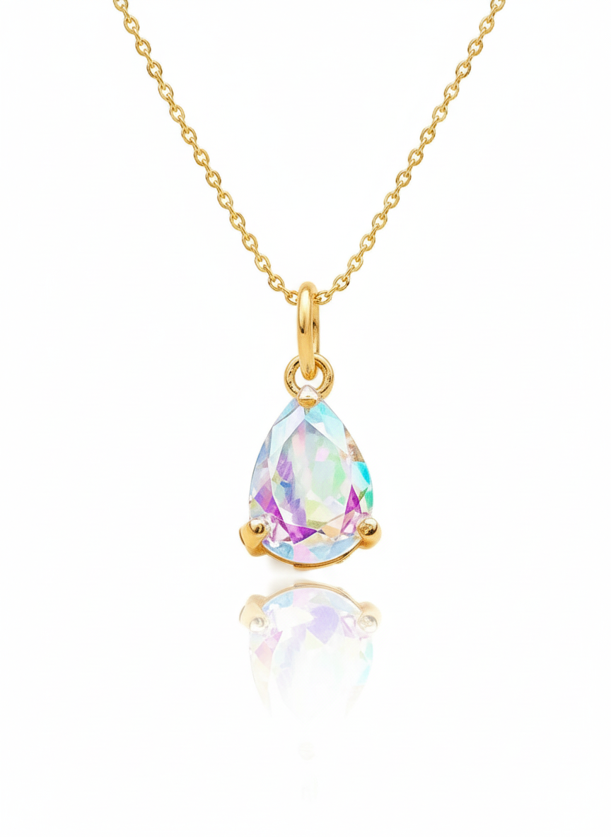 Gold necklace with a teardrop-shaped multicolored gemstone on a white background