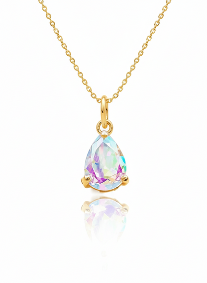 Gold necklace with a teardrop-shaped multicolored gemstone on a white background