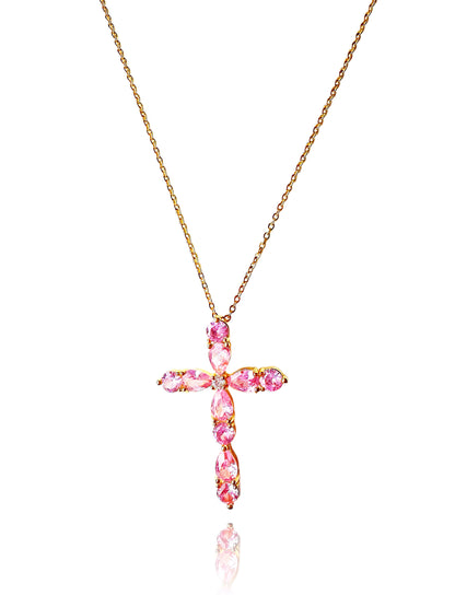 Pink 16K Gold Filled Crystal Cross Necklace