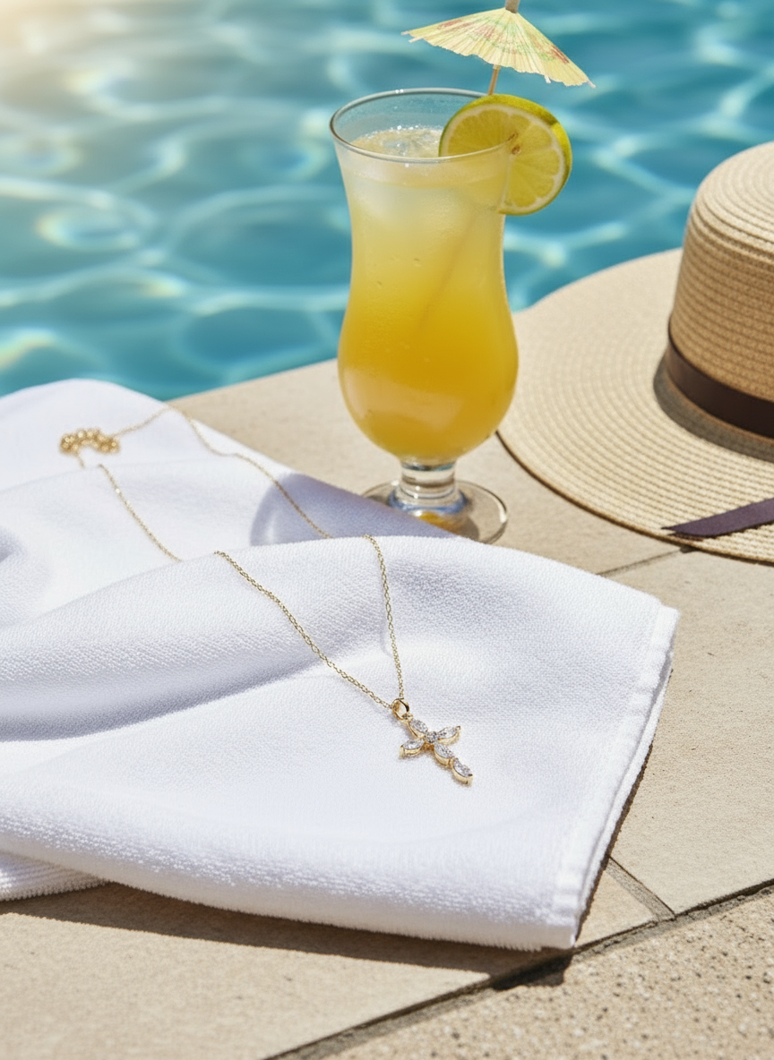Cocktail with lime garnish on a poolside setting with a necklace and hat.