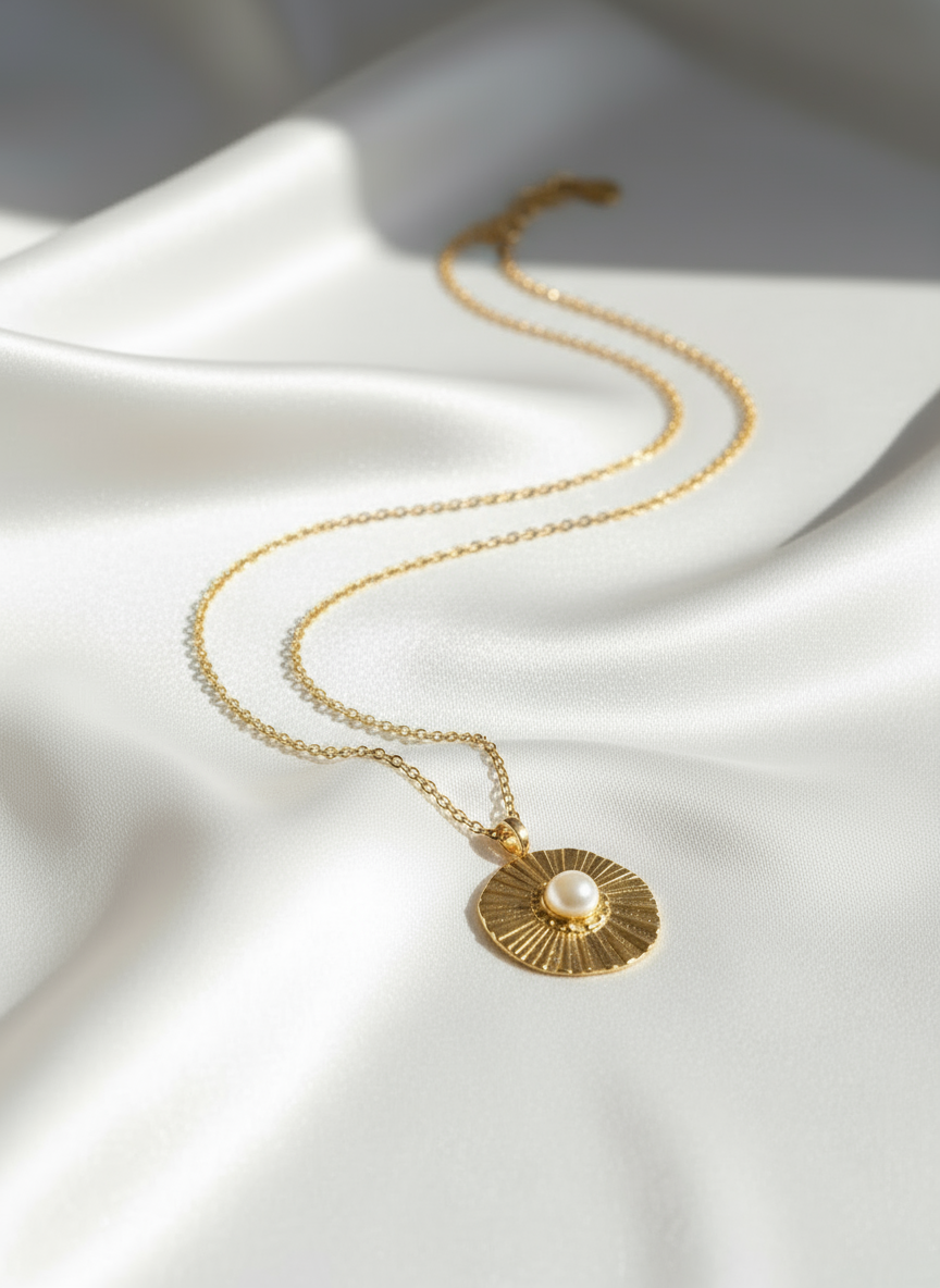 Gold Pearl Medallion 14K Gold Necklace