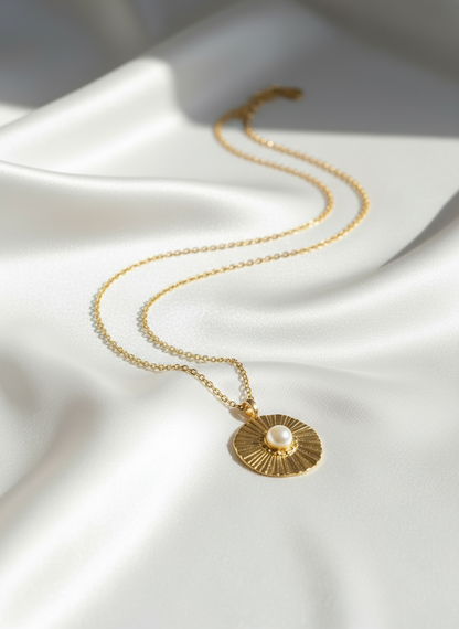 Gold Pearl Medallion 14K Gold Necklace