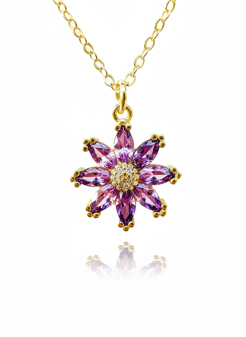 18K Gold-Filled Purple Crystal Flower Necklace