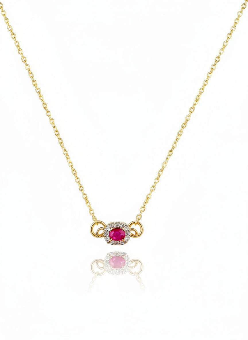 A 14K gold-filled fuschia pendant necklace with a chain and lobster clasp.
